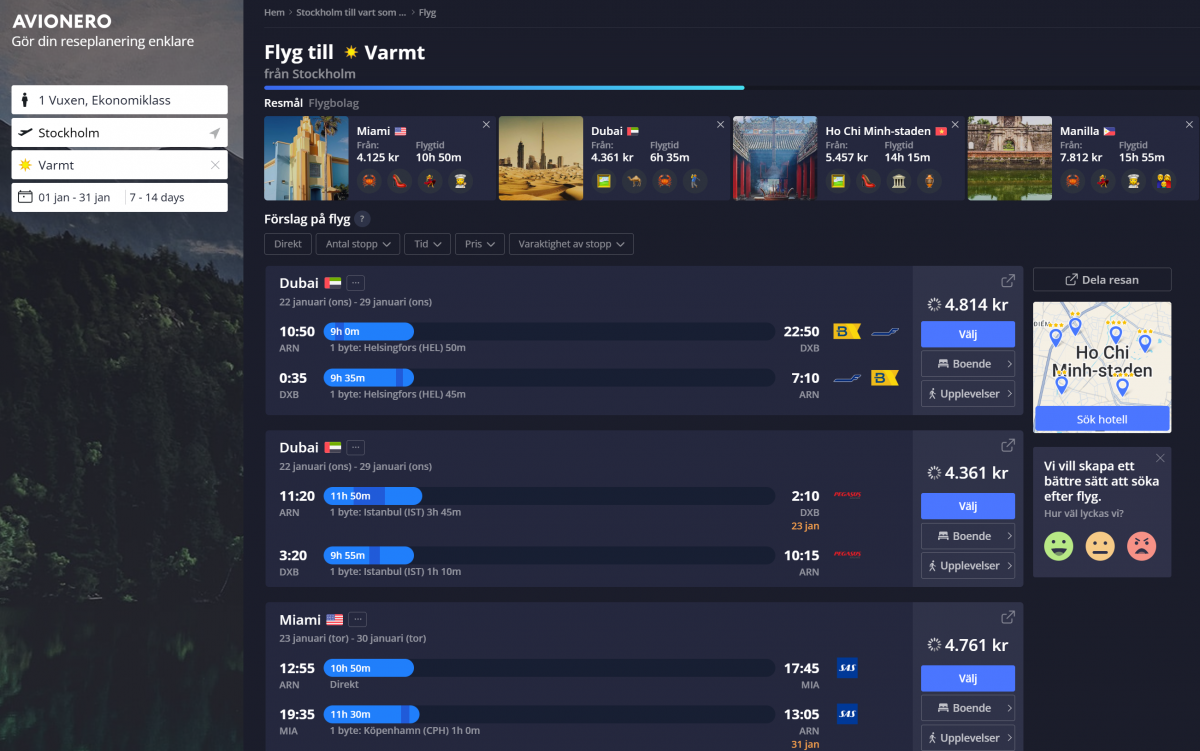 Avionero - sökning någonstans som är varmt i januari från Stockholm